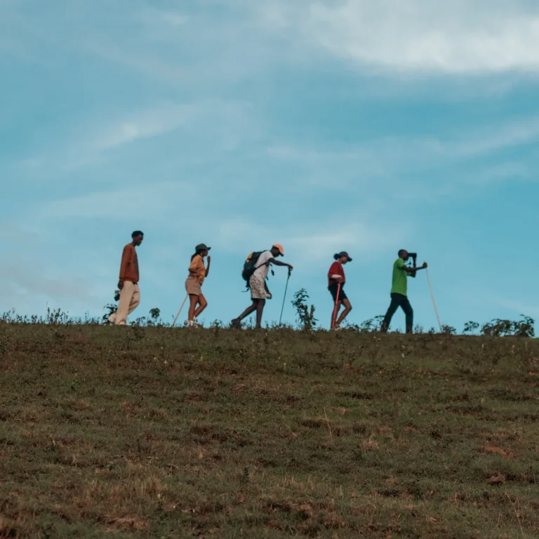 A group walks with hiking poles along a grassy ridge beneath an open sky.