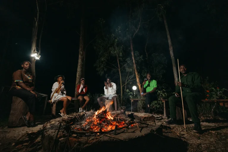Guests gather around a bonfire at night under the trees.